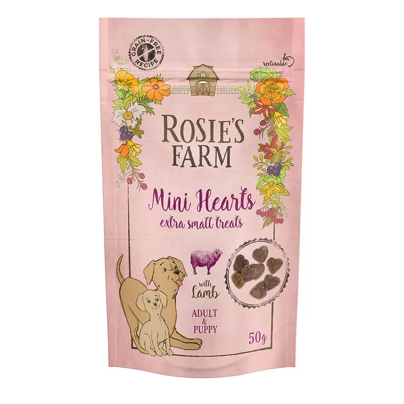 Rosie's Farm Puppy & Adult "Mini Hearts" Agnello Snack per cane (Set %: 5 x 50 g)