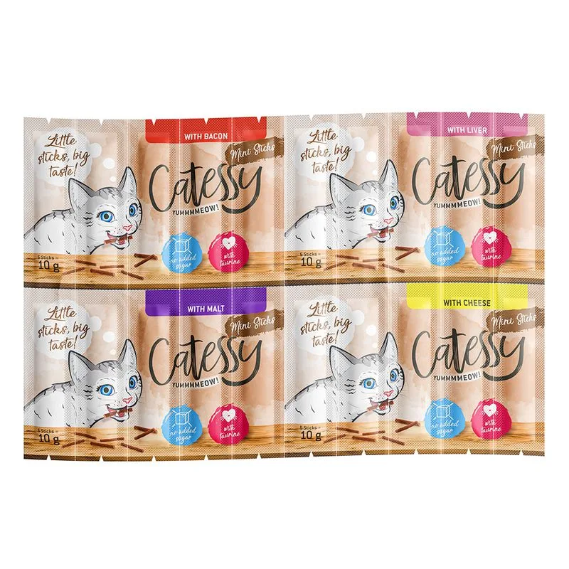 Catessy Mini Sticks Mix 2 Snack per gatto (Set %: 100 x 2 g - 4 varianti (pancetta, fegato, malto, formaggio))