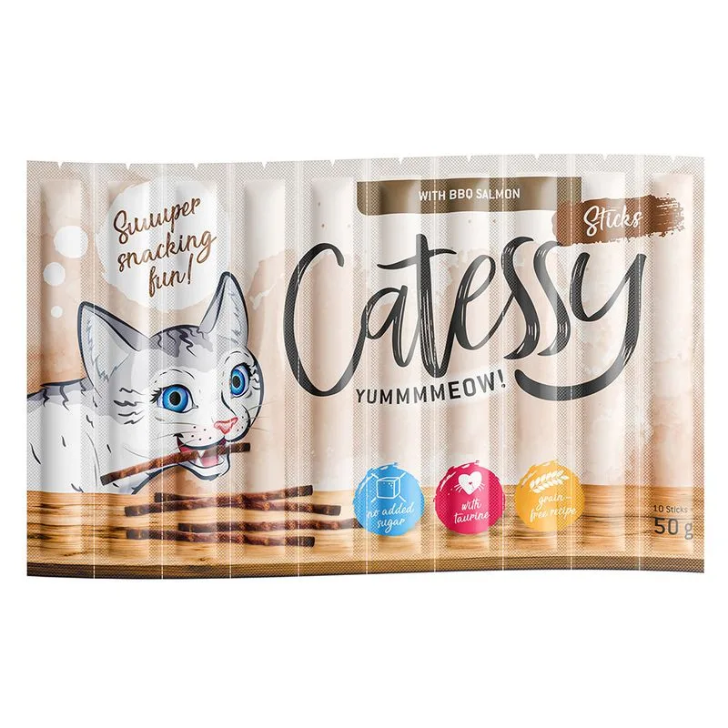Catessy Sticks 10 x 5 g Snack per gatti (con Salmone BBQ)