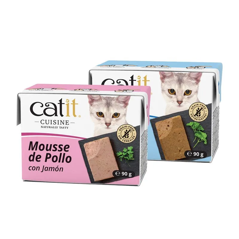 Catit Cuisine Mousse 12 x 90 g Umido per gatto (Set %: Tonno con salmone & Pollo con prosciutto)