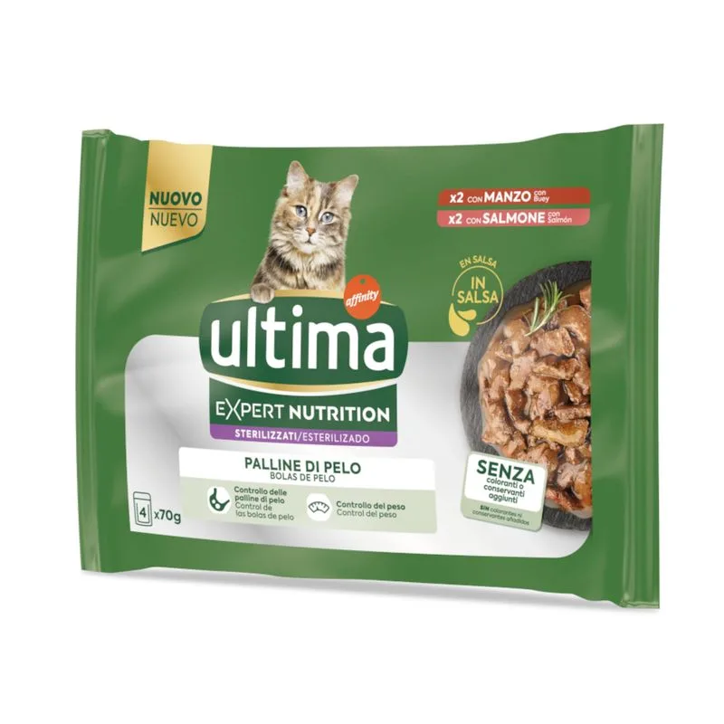 Ultima Cat Expert Nutrition Hairball Manzo & Salmone (Set %: 44 x 70 g)