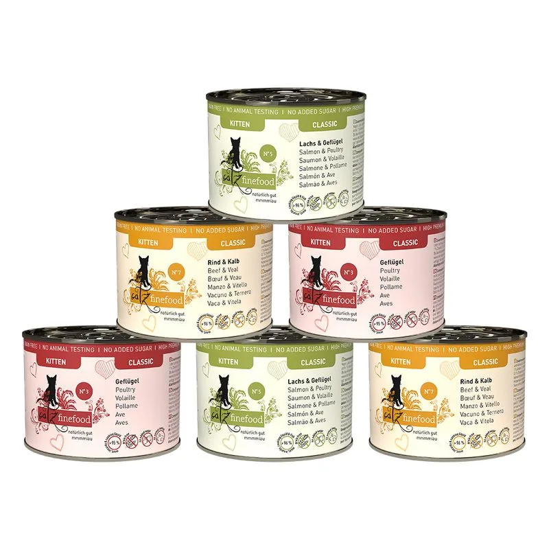 catz finefood Kitten 6 x 200 g (Set %: 24 x 200 g Mix: 2 x Manzo & Vitello, 2 x Salmone & Pollame, 2 x Pollame)